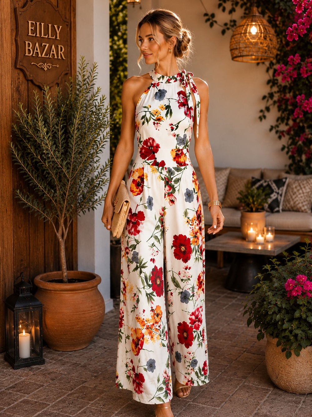 Eilly Bazar, Floral Halter Wide-Leg Jumpsuit Lined Resort,Floral,Brunch, Size S
